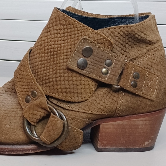 Free People Boho Leather Sz 38 Tortuga Strappy Suede Stacked Heel Booties - Picture 15 of 16